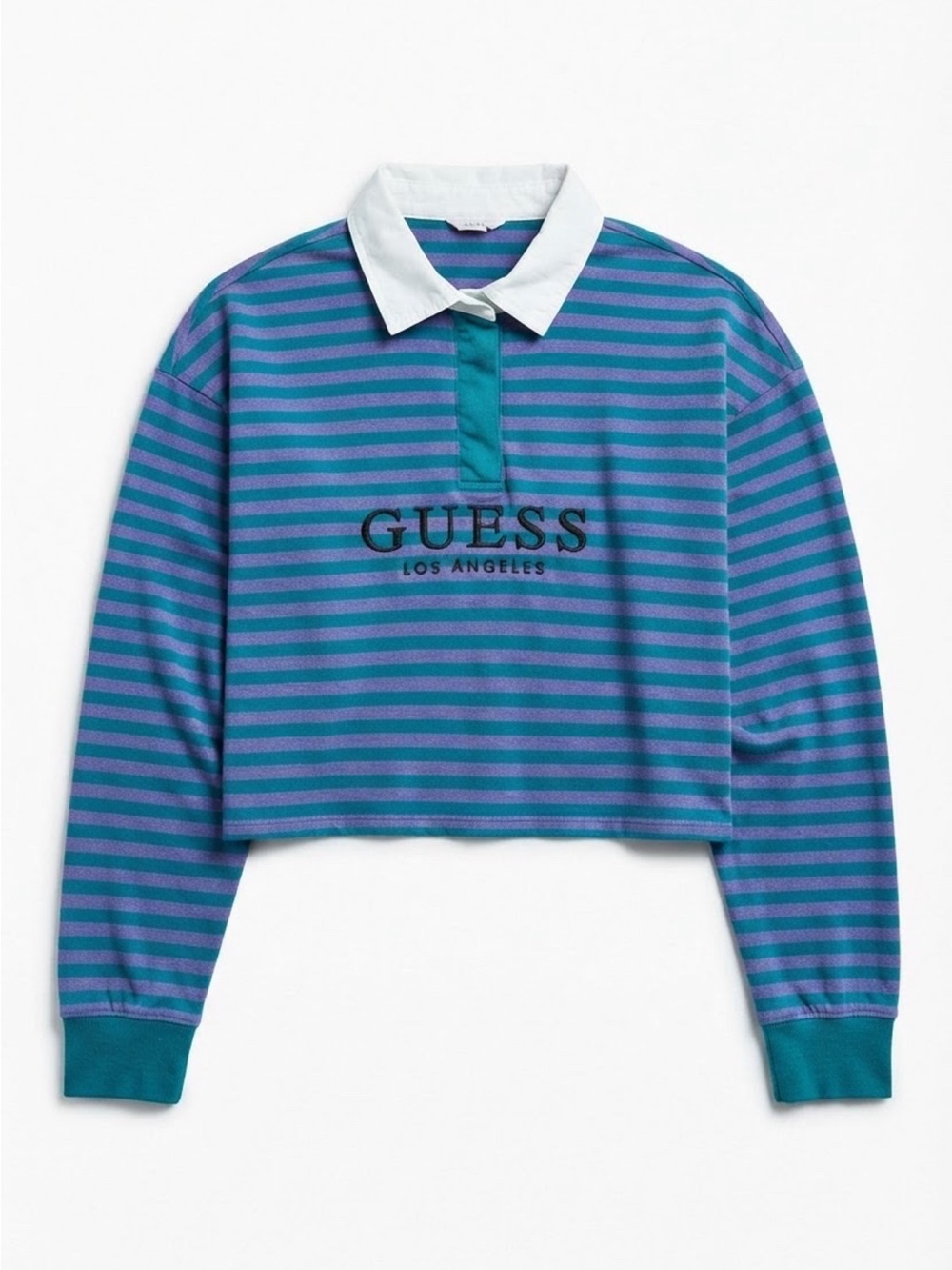 GUESS Striped Rugby Crop Top in Teal, Purple & White